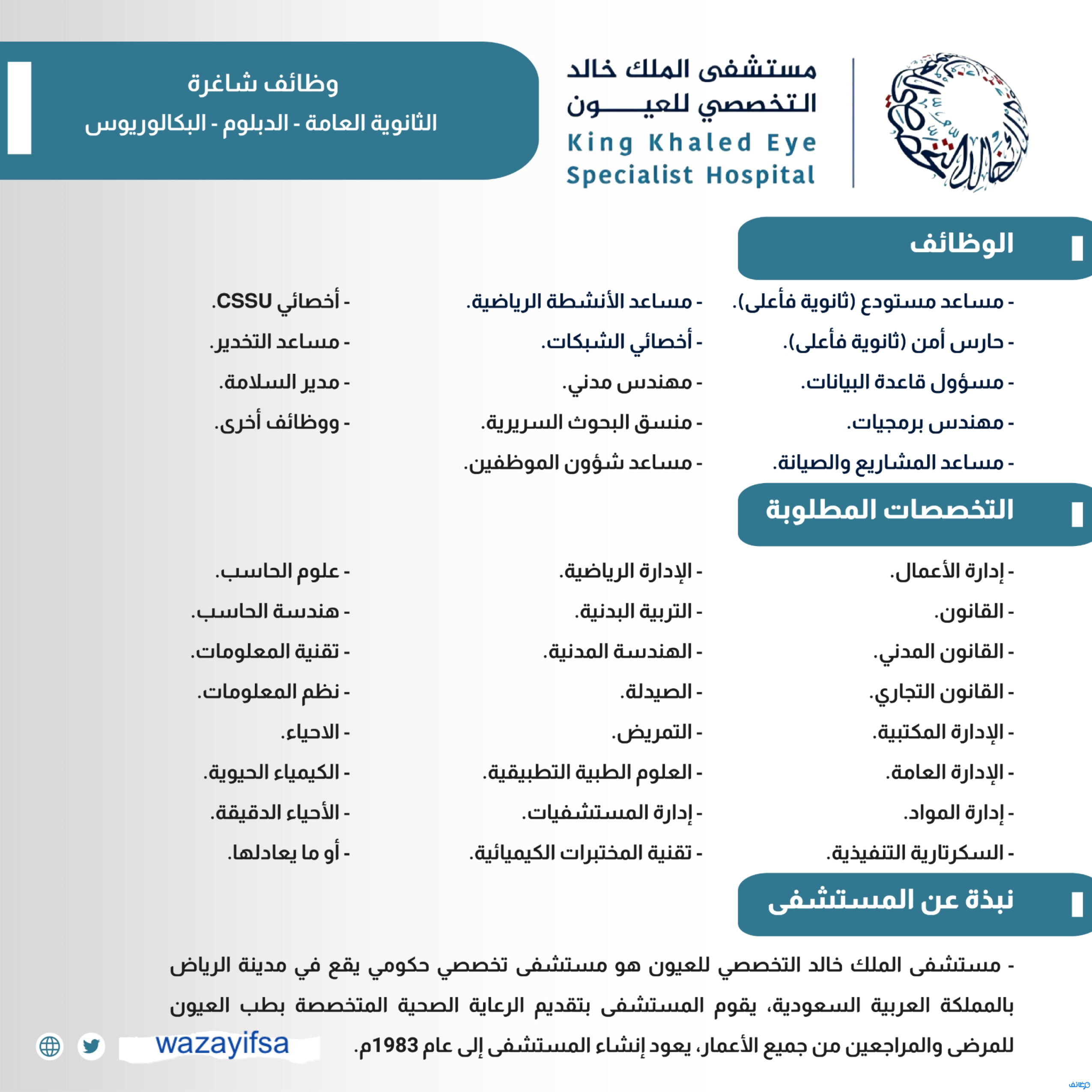 مستشفى الملك خالد التخصصي للعيون تتيح وظائف لحملة الثانوية فمافوق