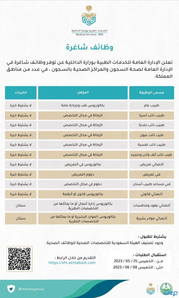 وزارة الداخلية تتيح وظائف إدارية وقانونية وصحية في مختلف مناطق المملكة