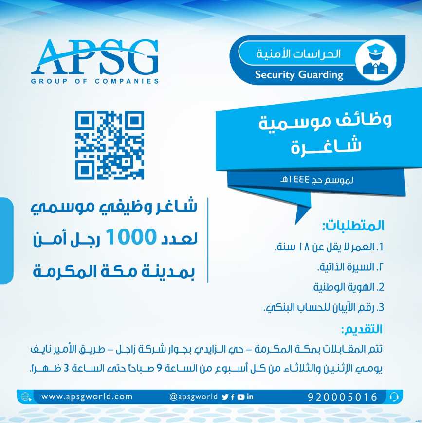 مجموعة (APSG) للحراسات الأمنية تتيح 1000 وظيفة موسمية لحج 1444هـ