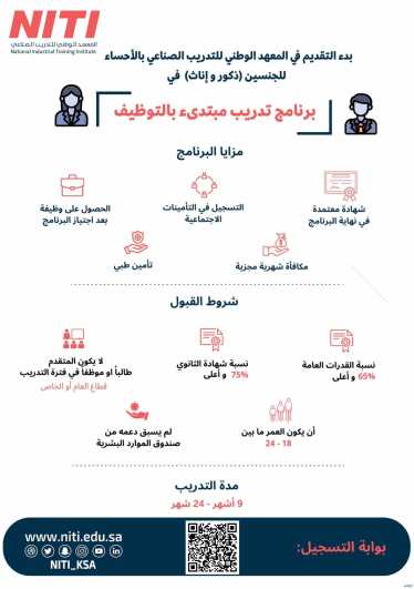 المعهد الوطني للتدريب الصناعي يتيح برنامج (تدريب مبتدئ بالتوظيف) للثانوية